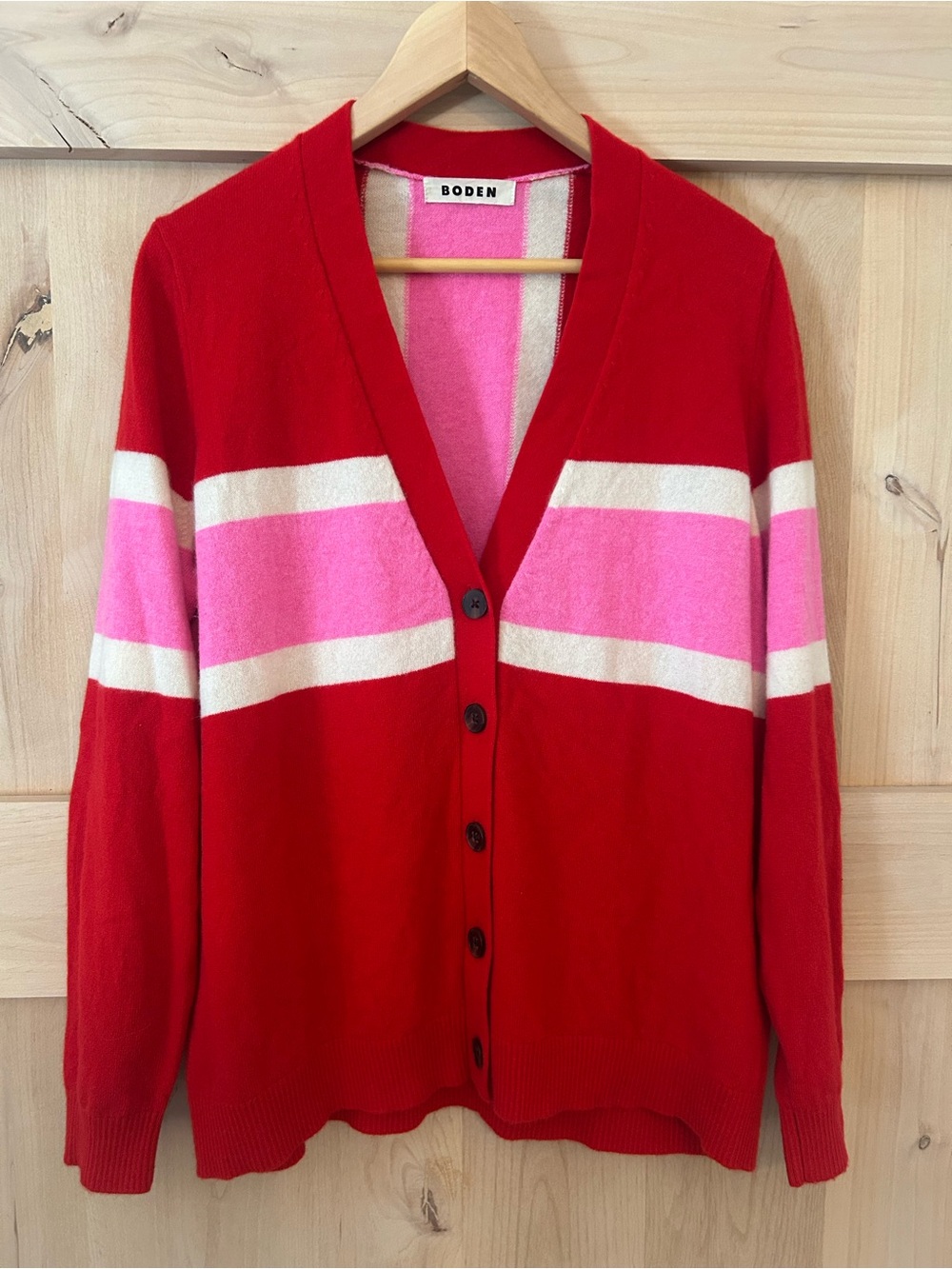 Boden Marianne UnionJack 100% Cashmere Red, Pink & white Cardigan, EUC, XL